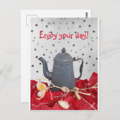 Kaffeekanne Erinnerungen & rote Tischdecke Grußkar Postkarte (Vorne/Hinten)