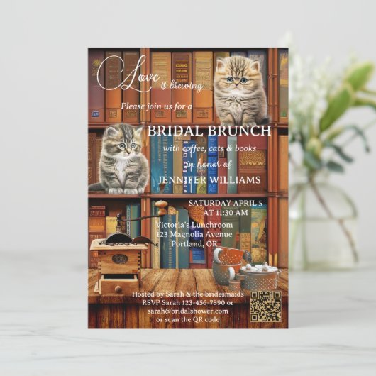 Kaffeekatzen Bücher Bridal Brunch Einladung (Stehend Vorderseite)