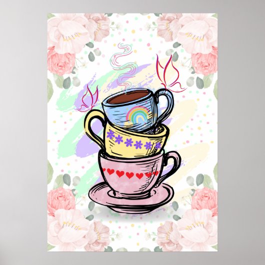 Kaffeekuchen aus gestapelten Tassen - farbiges Wal Poster (Vorne)