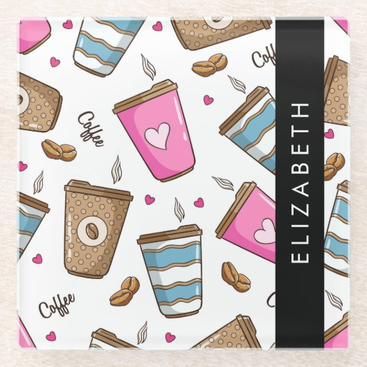 Kaffeekuchen, Kaffeebohnen, Herz, Ihr Name Glasuntersetzer (Vorderseite)