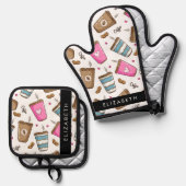 Kaffeekuchen, Kaffeebohnen, Herz, Ihr Name Ofenhandschuh & Topflappen-Set (Vorderseite/Rückseite)