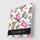 Kaffeekuchen, Kaffeebohnen, Herz, Ihr Name Quadratische Wanduhr (Winkel)