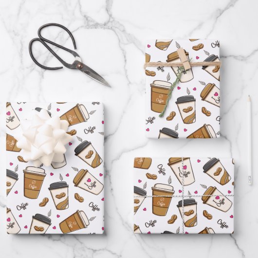 Kaffeekuchen, Kaffeebohnen, Kaffee Lover, Herzen Geschenkpapier Set (Vorderseite)