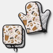 Kaffeekuchen, Kaffeebohnen, Kaffee Lover, Herzen Ofenhandschuh & Topflappen-Set (Vorderseite/Rückseite)
