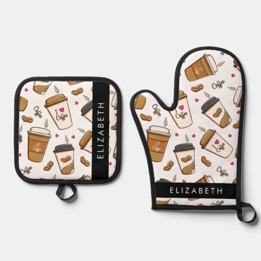 Kaffeekuchen, Kaffeebohnen, Kaffee Lover, Ihr Name Ofenhandschuh & Topflappen-Set (Vorderseite)