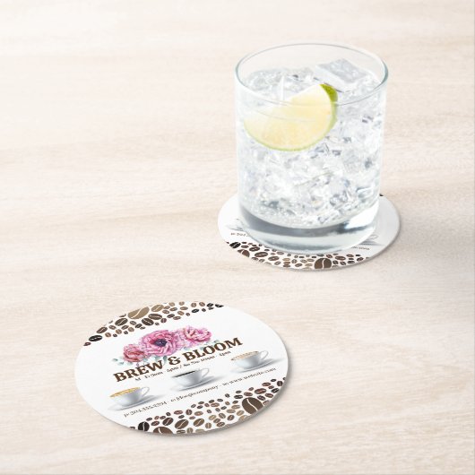 Kaffeekuppen und Blume Runder Pappuntersetzer (Vor Ort)