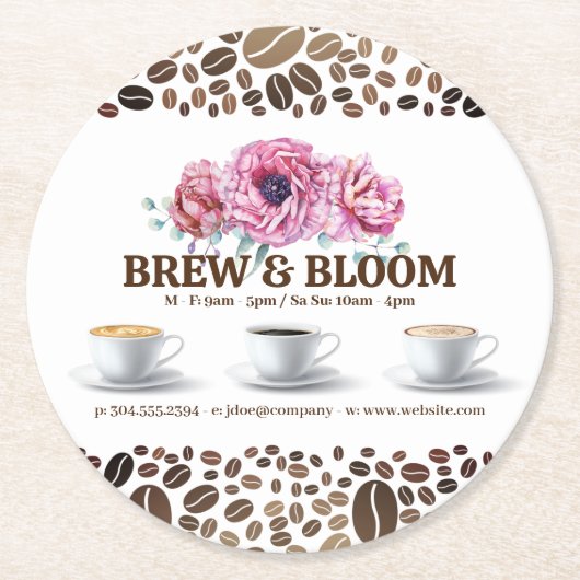 Kaffeekuppen und Blume Runder Pappuntersetzer (Vorderseite)