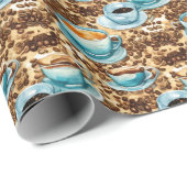 Kaffeekuppen und Bohnen Wasserfarben Muster Geschenkpapier (Rolleneckpunkt)