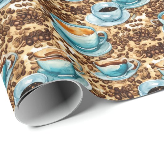 Kaffeekuppen und Bohnen Wasserfarben Muster Geschenkpapier (Rolleneckpunkt)