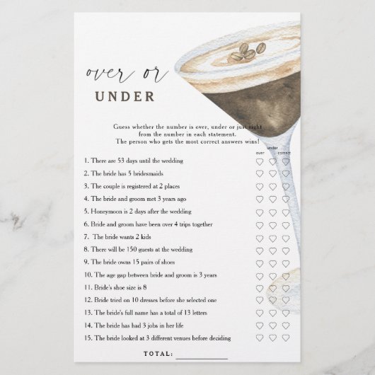 Kaffeemartini-Brautparty Über oder unter Spiel (Vorderseite)