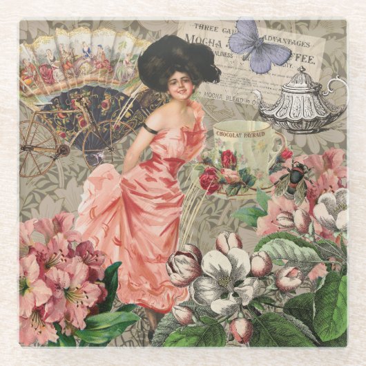 Kaffeemaschine Viktorianische Frau Rosa Klasse Glasuntersetzer (Vorderseite)