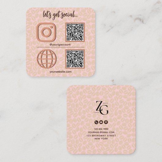 Kaffeemuster Social Media-Sign mit QR-Code Niedlic Quadratische Visitenkarte (Vorne/Hinten)