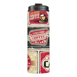 Kaffeeschilder und -etiketten Sammlung. Retro und Thermosbecher