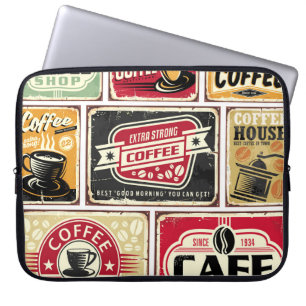 Kaffeeschilder und Etikettenkollektion. Retro und Laptopschutzhülle