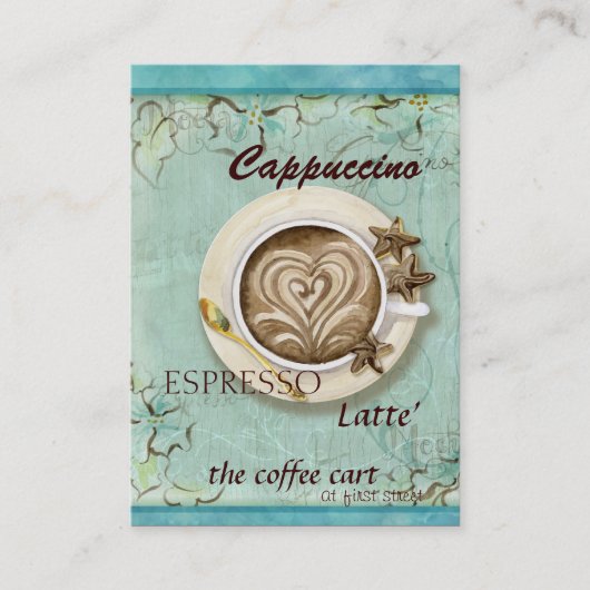 Kaffeeshop Cappuccino, Espresso auf Latte-Karten Visitenkarte (Vorderseite)