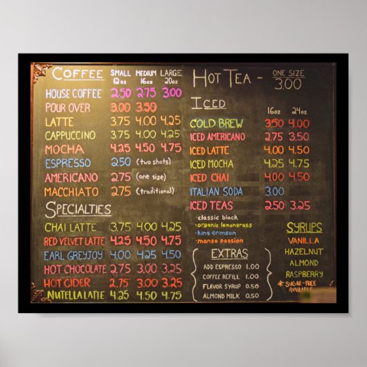 Kaffeeshop Menü Board - 8x10 Poster (Vorne)