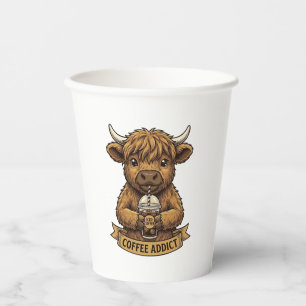 Kaffeesüchtiges Hochland-Kuh Vintage-Stickerei-Shi Pappbecher