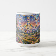 Kaffeetasse mit farbenfroher Nachtsicht des Friede