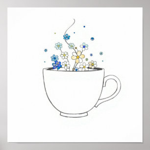 Kaffeetasse mit floraler Dampflinienkunst Poster