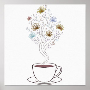 Kaffeetasse mit floraler Dampflinienkunst Poster