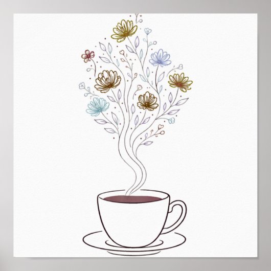 Kaffeetasse mit floraler Dampflinienkunst Poster (Vorne)