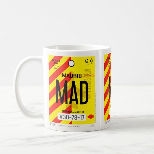 Kaffeetasse mit Gepäckposter des Flughafens Madrid (Links)