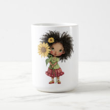 Kaffeetasse mit kleinem Mädchen, das Sonnenblume h