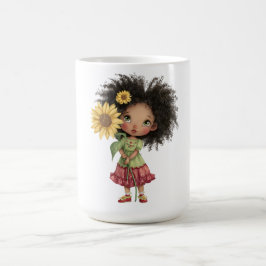 Kaffeetasse mit kleinem Mädchen, das Sonnenblume h