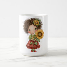 Kaffeetasse mit kleinem Mädchen, das Sonnenblume h