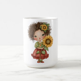 Kaffeetasse mit kleinem Mädchen, das Sonnenblume h