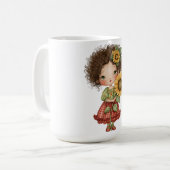 Kaffeetasse mit kleinem Mädchen, das Sonnenblume h (Vorderseite Links)