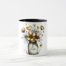 Kaffeetasse mit Mason-Glas voller Blumen