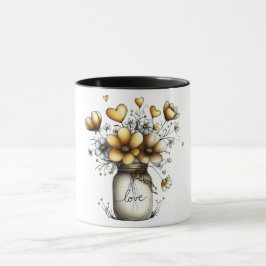 Kaffeetasse mit Mason-Glas voller Blumen