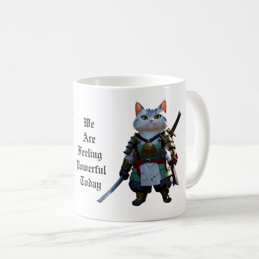 Kaffeetasse mit Samurai Katzenprint. (VorderseiteRechts)