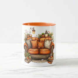 Kaffeetasse mit warmen Tönen von Sofa und Blumen