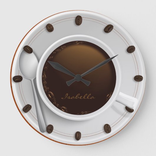 Kaffeetasse-u. Kaffeebohne-mit Monogramm Wand-Uhr Große Wanduhr (Vorderseite)