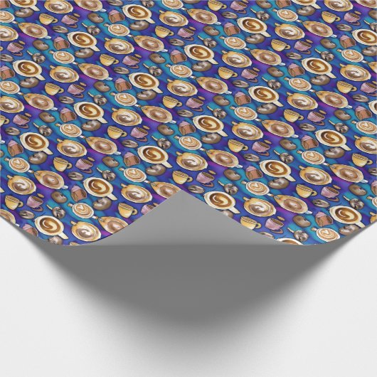 Kaffeetassen auf blauem Wasserfarbenmuster Geschenkpapier (Ecke)