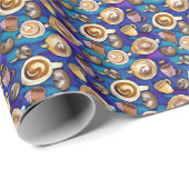 Kaffeetassen auf blauem Wasserfarbenmuster Geschenkpapier (Rolleneckpunkt)