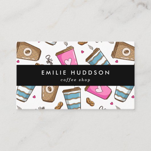 Kaffeetassen, Kaffeebohnen, Barista, Coffee Shop Visitenkarte (Vorderseite)