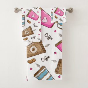 Kaffeetassen, Kaffeebohnen, Herz, Kaffee Lover Badhandtuch Set