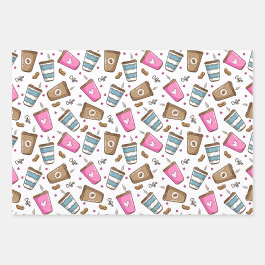 Kaffeetassen, Kaffeebohnen, Herz, Kaffee Lover Geschenkpapier Set (Vorderseite)