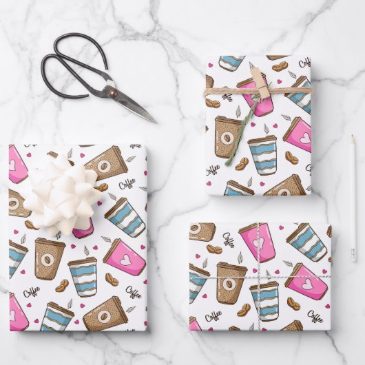 Kaffeetassen, Kaffeebohnen, Herz, Kaffee Lover Geschenkpapier Set (Vorderseite)