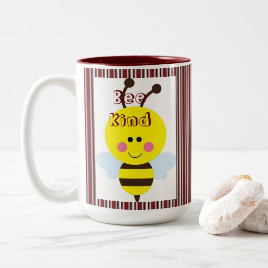 Kaffeetee-Tasse, Burgunder Stripe Bee Kind Hummel Zweifarbige Tasse (Mit Donut)
