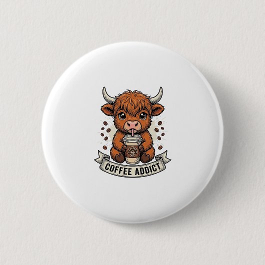 Kaffeetoter süße Highland-Kuh Vintage-Stich Button (Vorderseite)