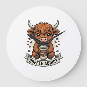 Kaffeetoter Süße Highland-Kuh Vintage-Stich Große Wanduhr