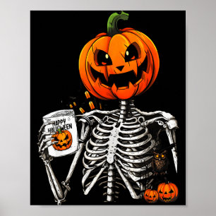 Kaffeetrinkender Skelett-Kürbis-Halloween-Kostüm Poster
