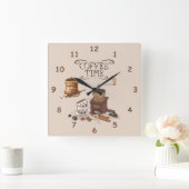 Kaffeezeitschleifer und Tasche mit Kaffeebohnen Quadratische Wanduhr (Zuhause)