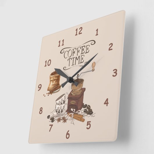 Kaffeezeitschleifer und Tasche mit Kaffeebohnen Quadratische Wanduhr (Winkel)