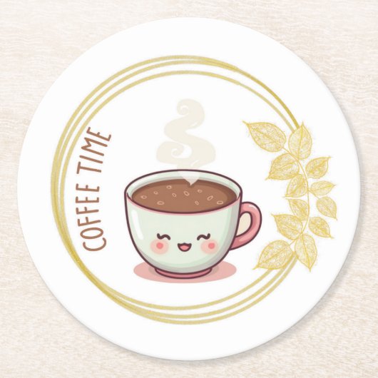 Kaffezeit mit Goldblatt-Unterlage Runder Pappuntersetzer (Vorderseite)