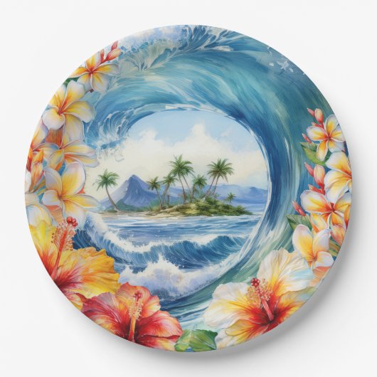 Kai Aloha Hibiscus Watercolor Wave Pappteller (Vorderseite)